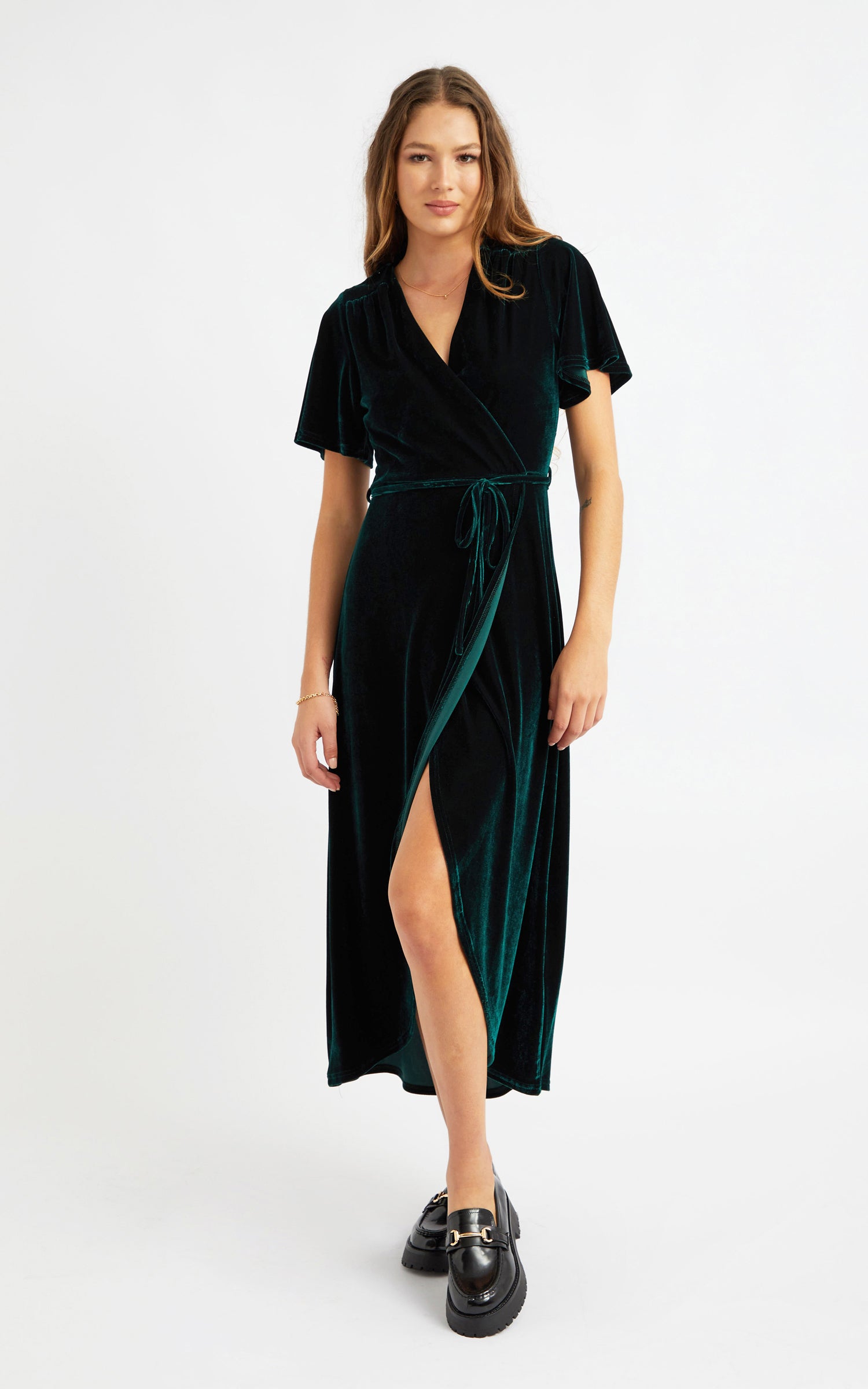 Velvet Flutter Sleeve Wrap Dress | Pagani